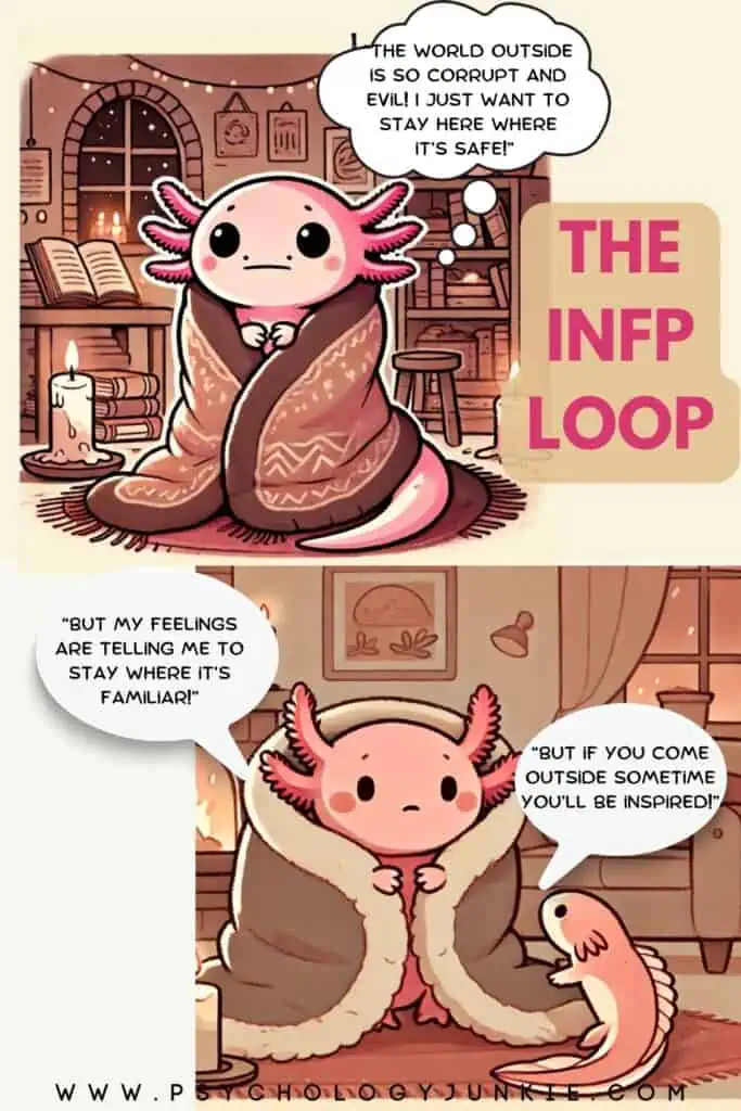 A cartoon demonstrating how the INFP feels when they're in a Fi-Si loop