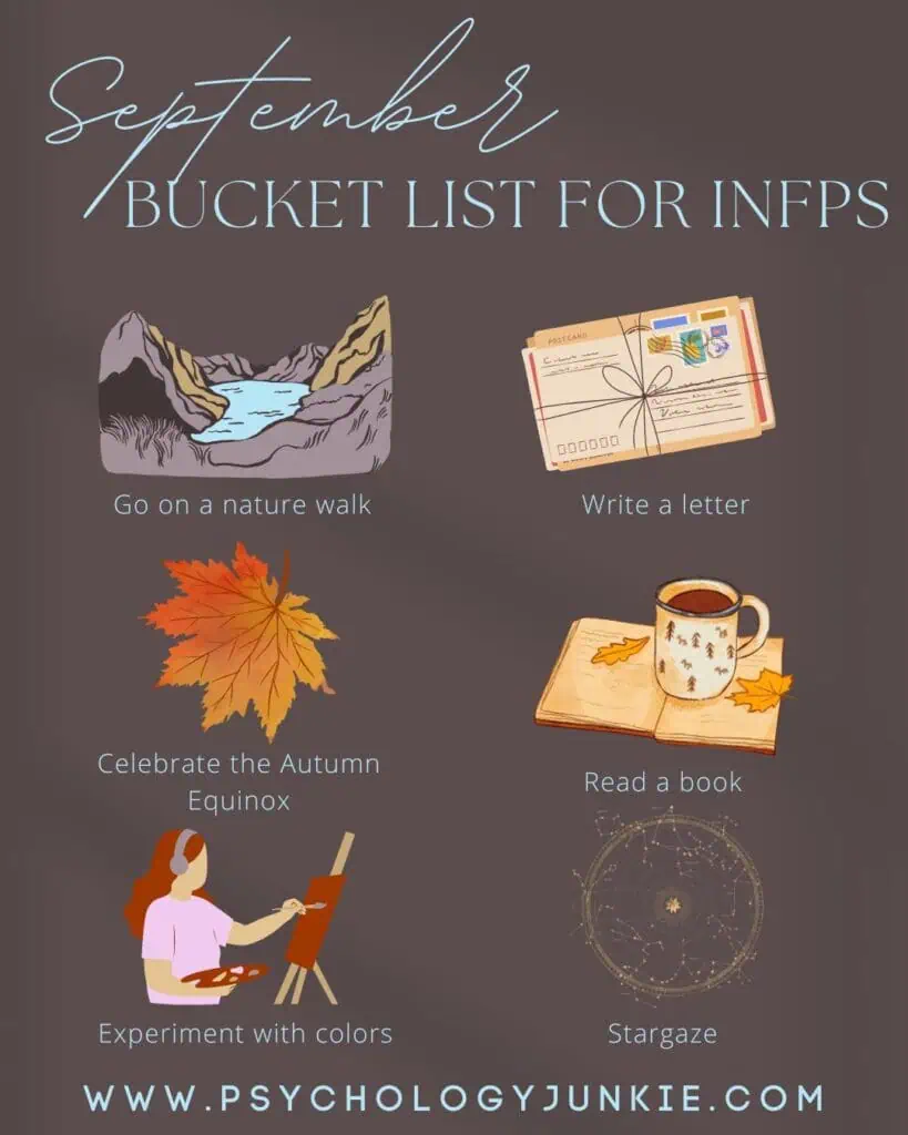 Bucket list ideas for INFPs (taking a nature walk, writing a letter, celebrating the autumn equinox, reading a book, stargazing, experimenting creatively)