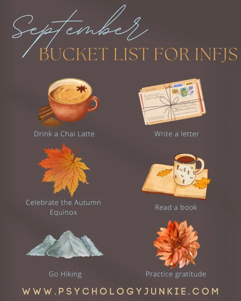 Fall bucket list for INFJs (drink a chai latte, go hiking, practice gratitude, write a letter, read a book, celebrate the autumn equinox)