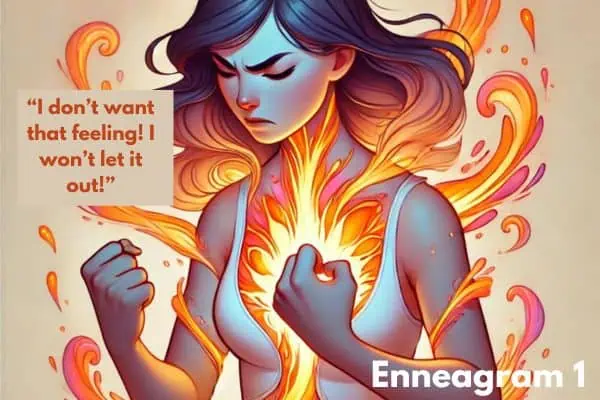 Enneagram 1 ego boundary expressed by a woman trying to keep the flames inside