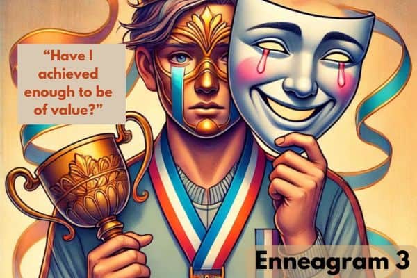 Visual of an Enneagram 3, holding a trophy and wearing a crown, hoping to be enough with success