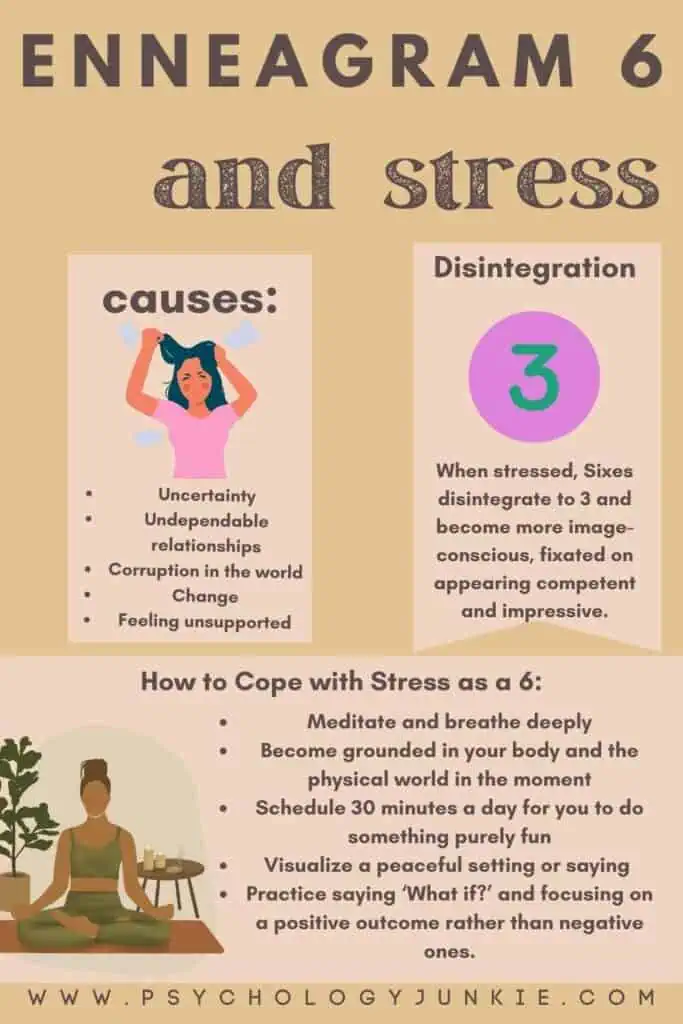 Find out what causes stress for Enneagram sixes, plus ways to cope in this infographic