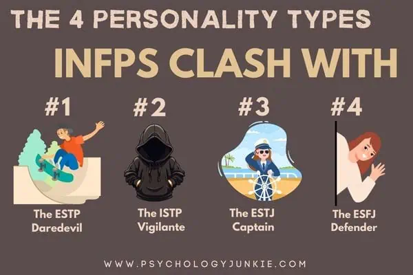 Discover the four personality types that INFPs clash with, find out why they clash, and how they can connect and grow.