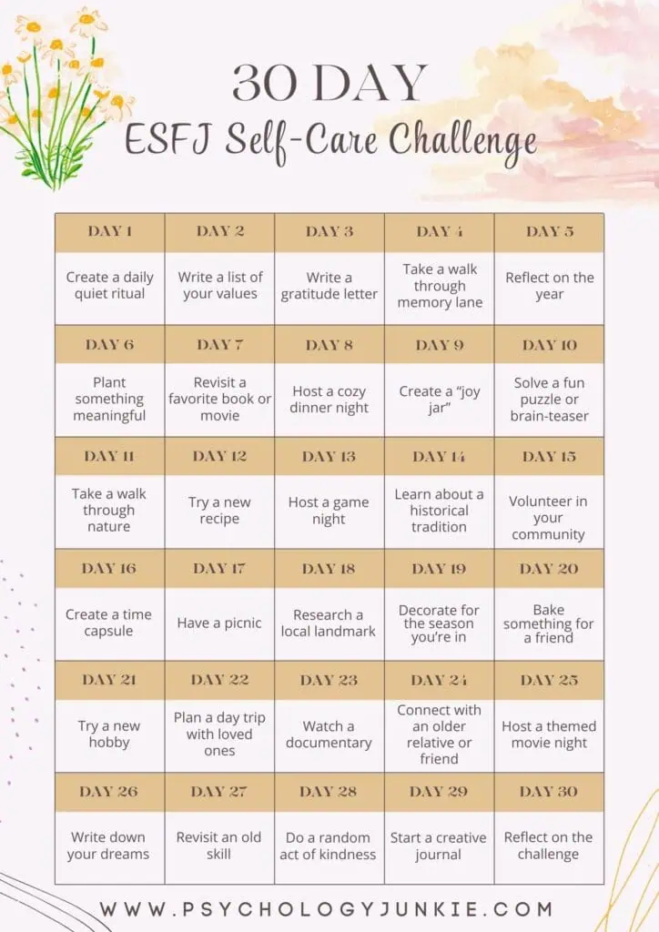 30 Days of Self-Care and Personal Growth Activities tailored for the ESFJ personality type.