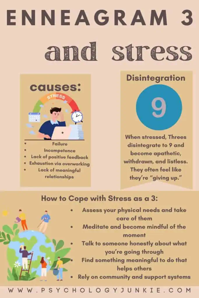 Infographic describing how Enneagram 3s feel when they're stressed and how they can cope.