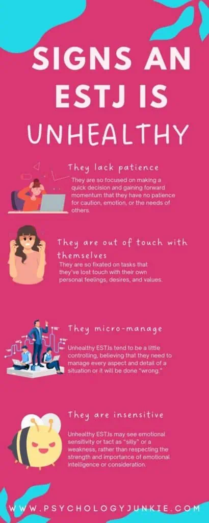 An infographic describing signs of an unhealthy ESTJ.